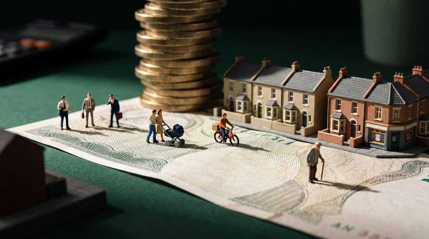 Model people walking across a giant banknote beside stacks of coins and a row of tiny houses