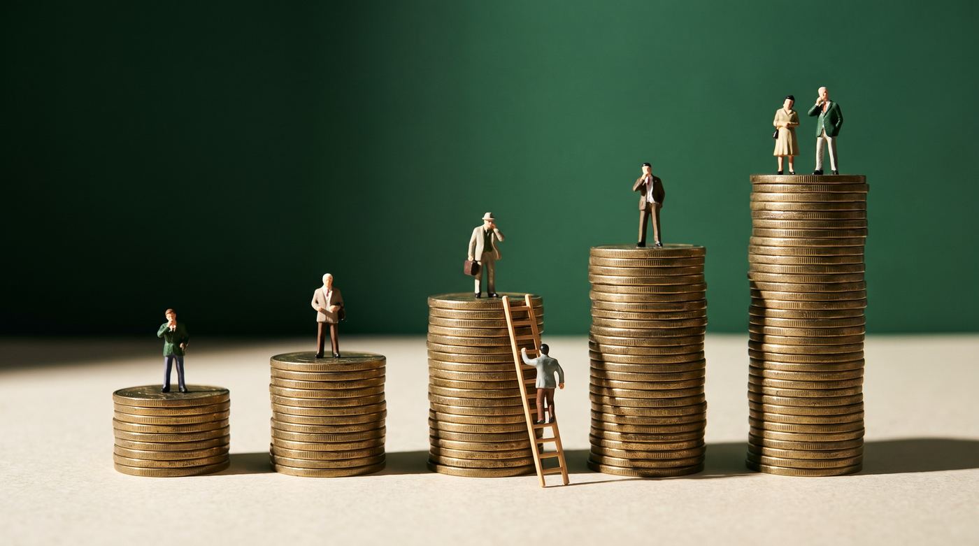 Model people standing on stacks of coins that rise from left to right