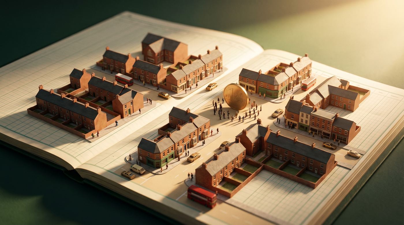 A tiny model town built across the pages of an open ledger
